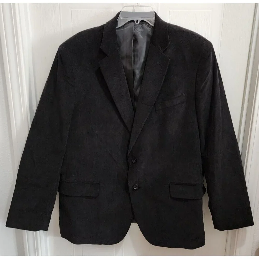 Stafford Black Corduroy Classic Fit Blazer Suit Jacket Elbow Patch Size 48 REG